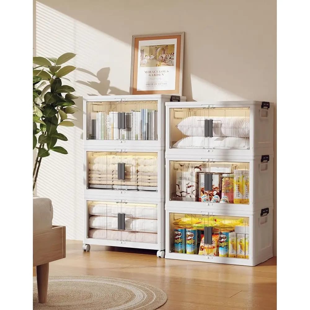 Contenitori Impilabili da 48QT con Coperchi - Scatole Pieghevoli con Sportelli e Ruote, Organizzatore in Plastica Richiudibile per C