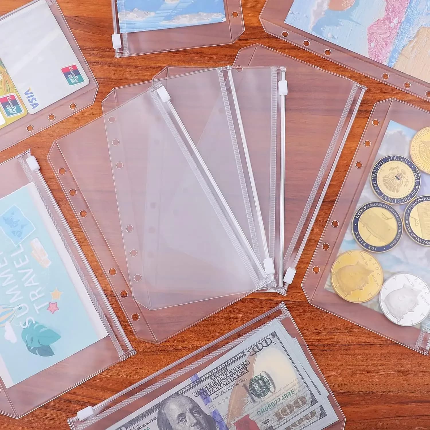 8 Buste Portadocumenti in PVC con Cerniera A5 A6 A7, Organizer per Contanti, Documenti e Budget, Inserti per Raccoglitori a Fogli Mobili