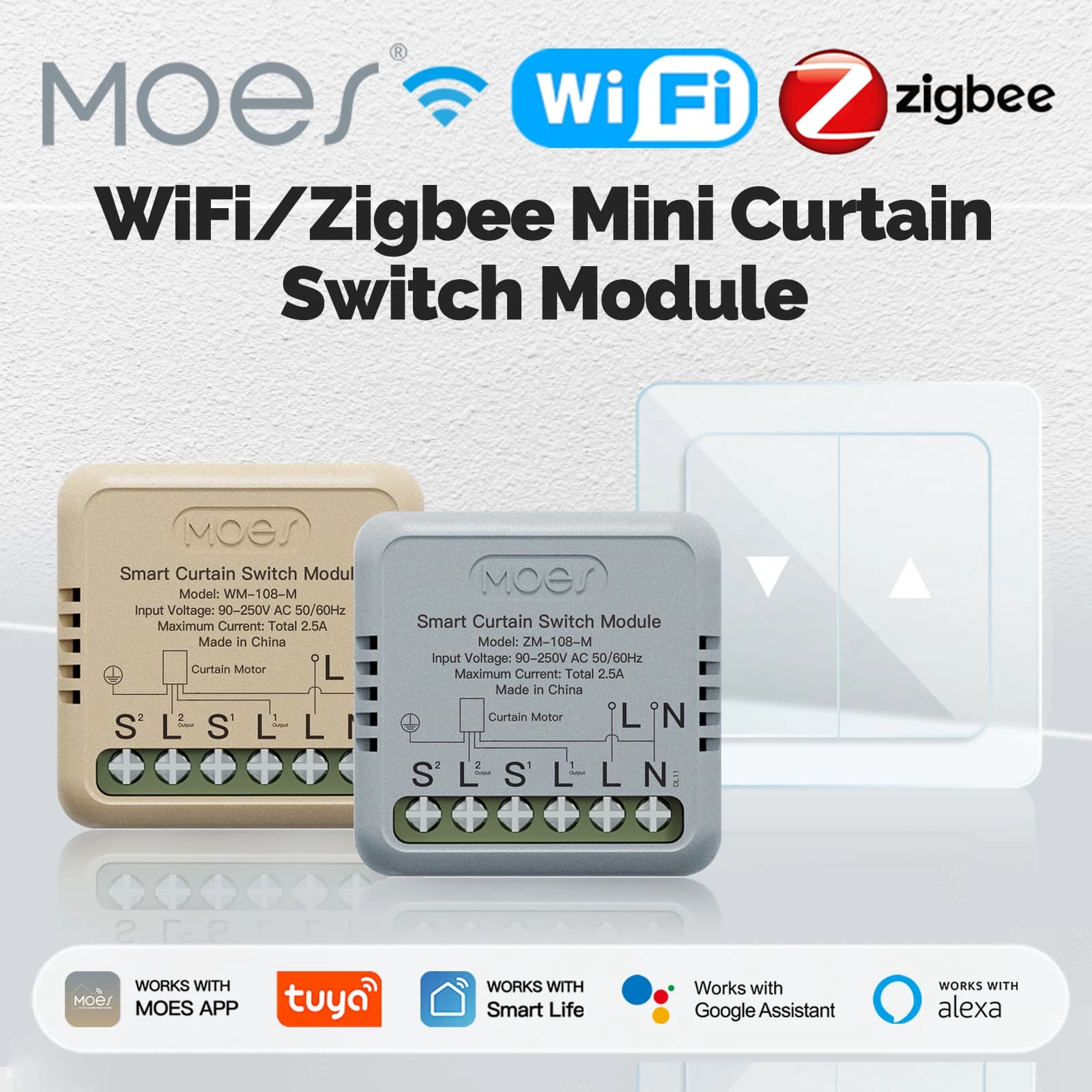 Modulo WiFi/ZigBee con interruttore intelligente per tende MOES - Compatibile con ripristino a bilanciere Tuya, app e telecomando per Alexa/Google Home
