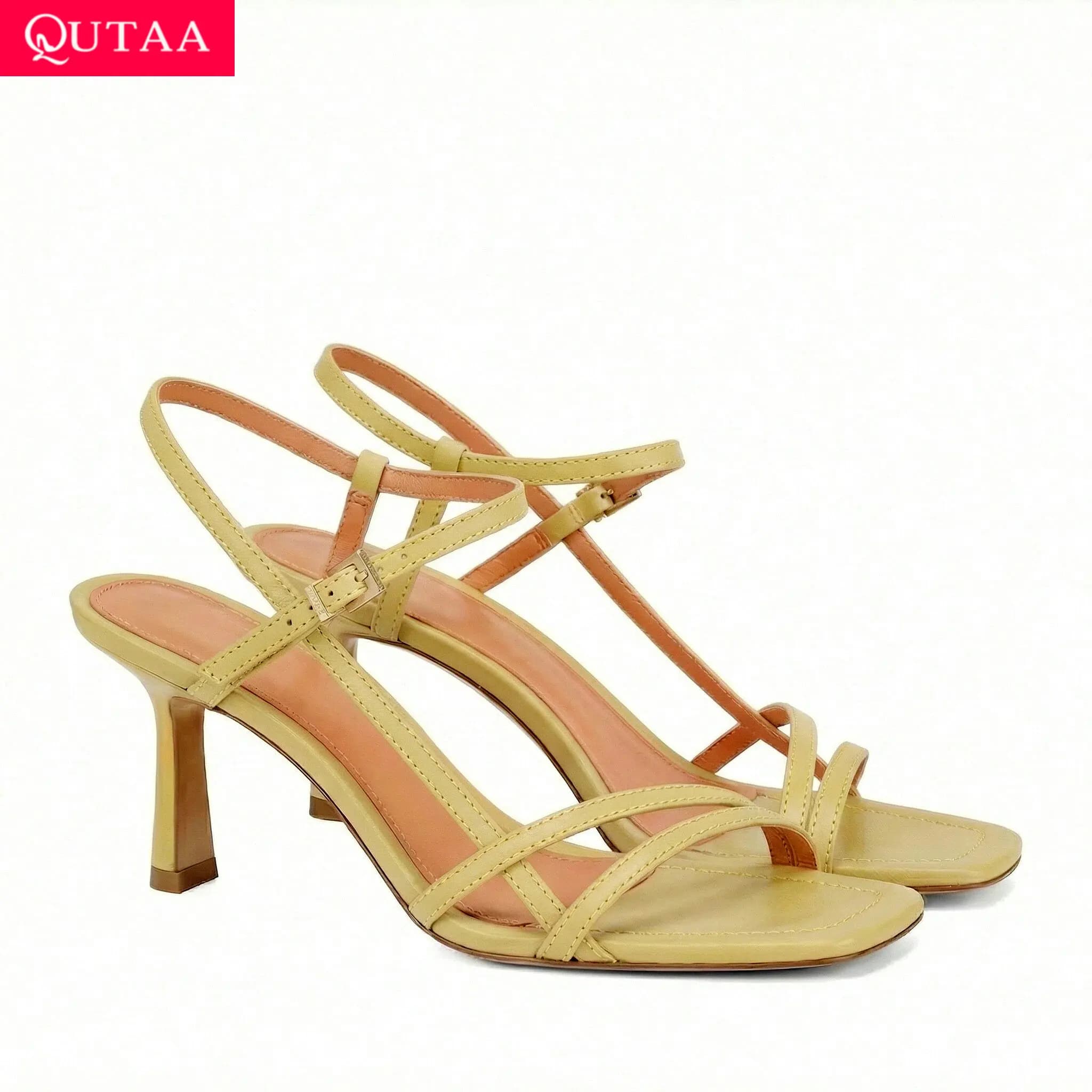 QUTAA Sandali Estivi da Donna con Tacco Alto, Scarpe Eleganti in Pelle con Cinturino alla Caviglia e Punta Aperta, Misura 34-43
