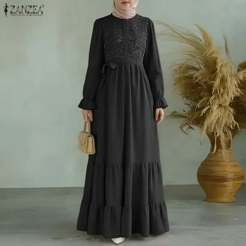 ZANZEA Ramadan Abaya Muslim Dress Eid Dress Women's Dress Elegant Embroidered Party Dresses Elegant Casual Long Sleeve Patchwork Robe