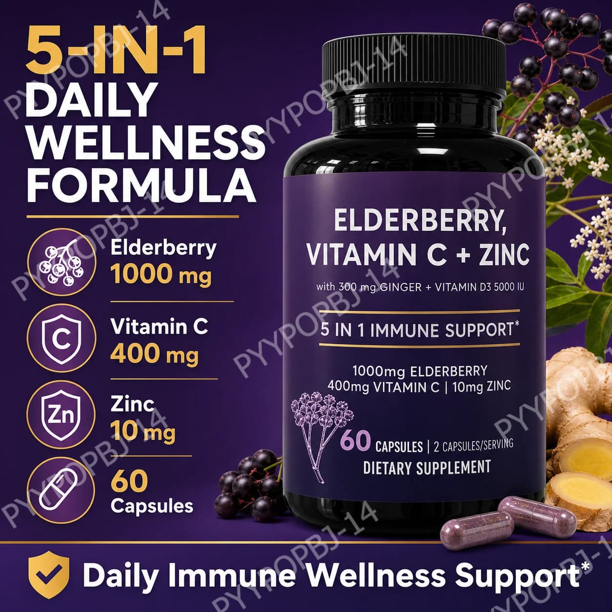 Elderberry Vitamin C Zinc Supplement with D3 5000 IU, Ginger Root Extract Sambucus Nigra Capsules 60 Count