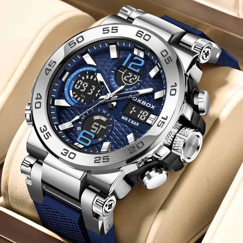 FOXBOX Men's Sports Watches Quartz Wrist Watch With Double Display Waterproof 5ATM Chronograph Alarm Date Week Men's Watch Silicone Strap