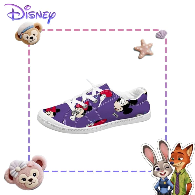 Disney Mickey Minnie Mouse print canvas shoes for women, casual purple breathable sneakers
