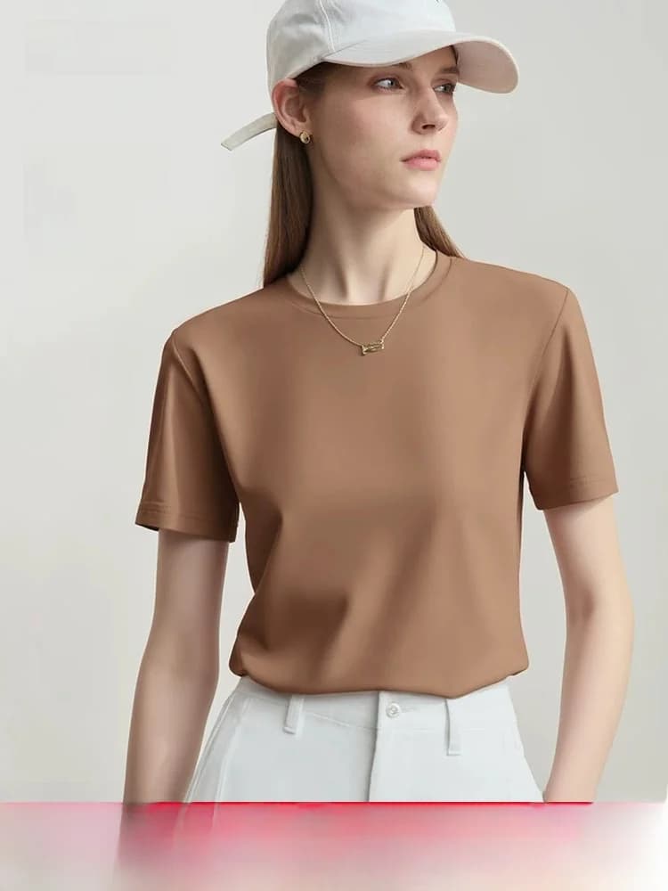 Slim Fit Ice Porcelain Cotton round Neck Short Sleeve T-Shirt Casual Versatile Women's Elastic Top for Summer Commute