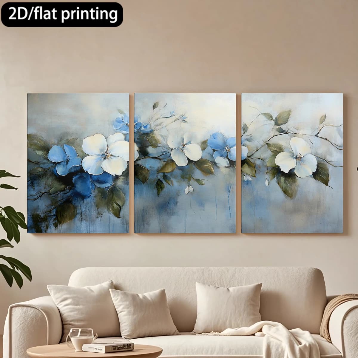 Decorative painting on canvas with wooden frame, 3 pieces. Blade with blue and white flowers. Tende per camera da letto ikea.