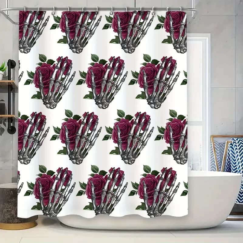 Tenda da doccia a mano con scheletro di rosa rossa Decorazione di Halloween Decorazione per il bagno di casa Tessuto impermeabile 180x274 cm