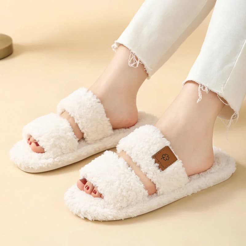 Autumn Winter Flat Sole Fluffy Home Slippers Women Indoor Non Slip Open Toe Cotton Shoes Woman Comfy Soft Sole Warm Plush Slides
