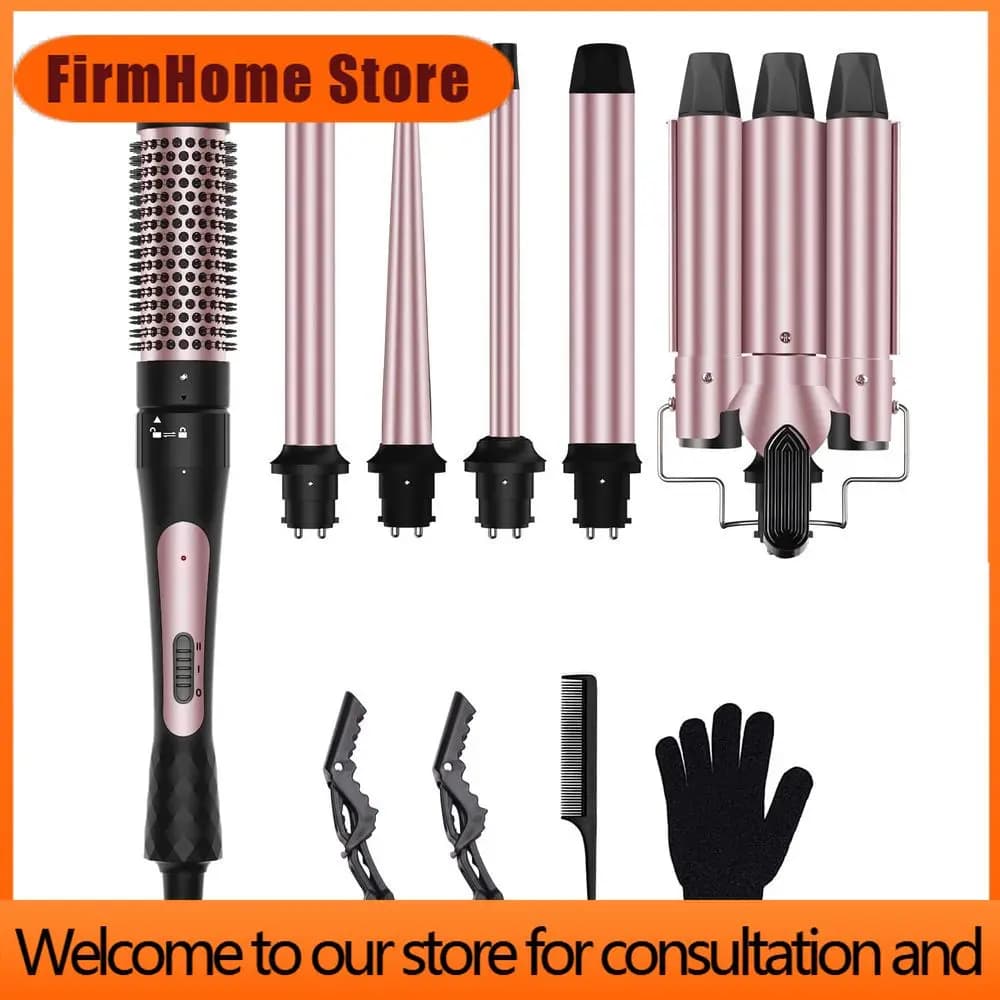 FirmHome Store6-in-1 Curling Iron Set With 3 Barrels, Thermal Brush, And 5 Sizes, Portable Multi-Curl For Home And Travel, 2 Tem