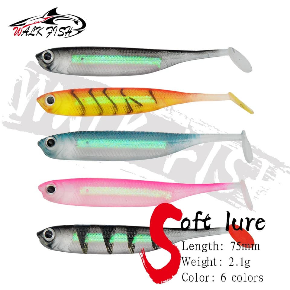 WALK FISH 5 pz/lotto Fishing Soft Bait 7.5cm 2.1g T Tail fish Fishing Lures Rainbow Color Sequin Swing Fishing Spinner Bait