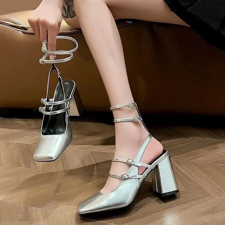 Sandali da donna con lacci alla romana, punta quadrata, tacco spesso, nuovo stile estivo, alla moda, scarpe singole Mary Jane a punta piatta
