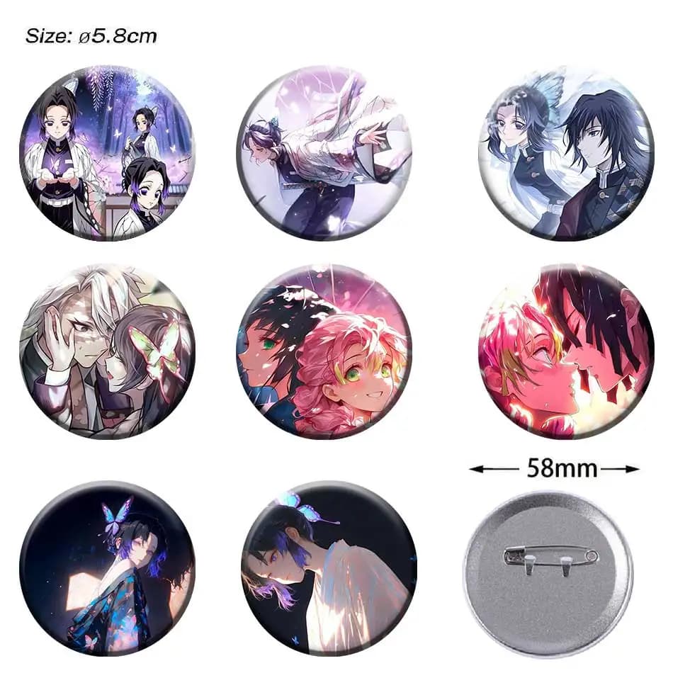 Spille Rotonde Anime Demon Slayer Personaggi Shinobu Hikawa per Zaino Cappello Accessori Gioielli Cosplay Spilla Fatta a Mano Regalo