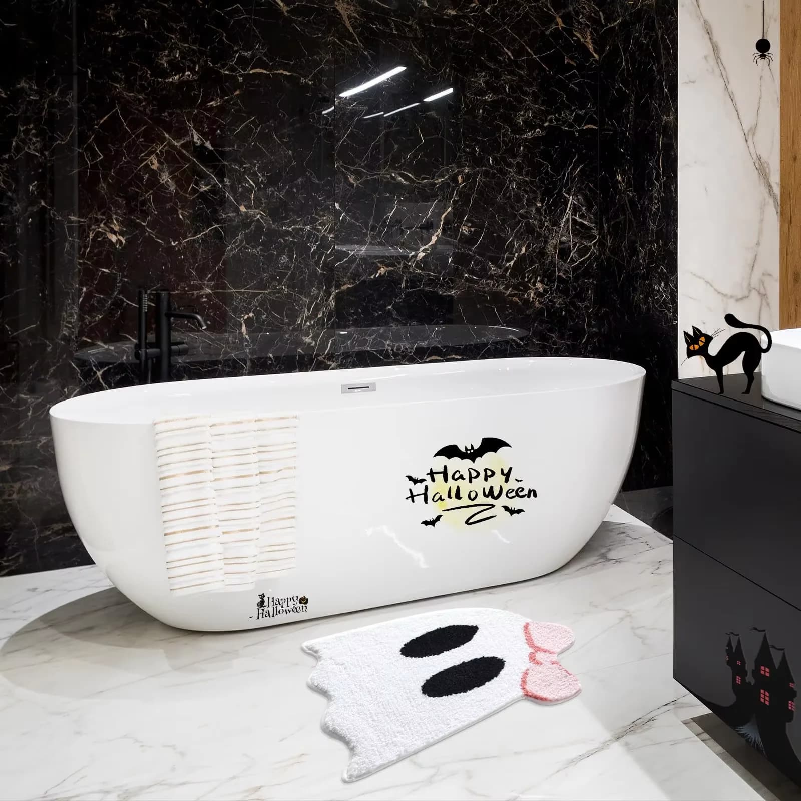 VIKAMA Tappeto da bagno con fiocco fantasma Morbido e assorbente Simpatico tappetino da bagno di Halloween antiscivolo lavabile Halloween Boo Holiday Home Decor