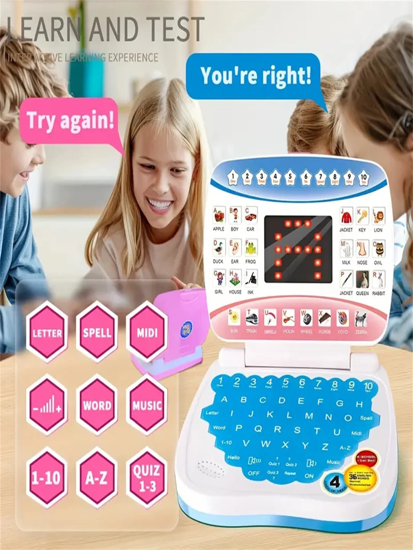 Realistic LED work keyboard, English learning simulation laptop, 3-12-year-old children's parent-child interactive typing toy