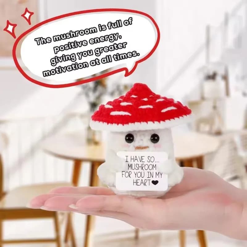 Bambola tascabile con abbraccio a fungo a energia positiva: mini ornamento in peluche fatto a mano all'uncinetto – Decorazione della stanza di casa, regalo di Natale