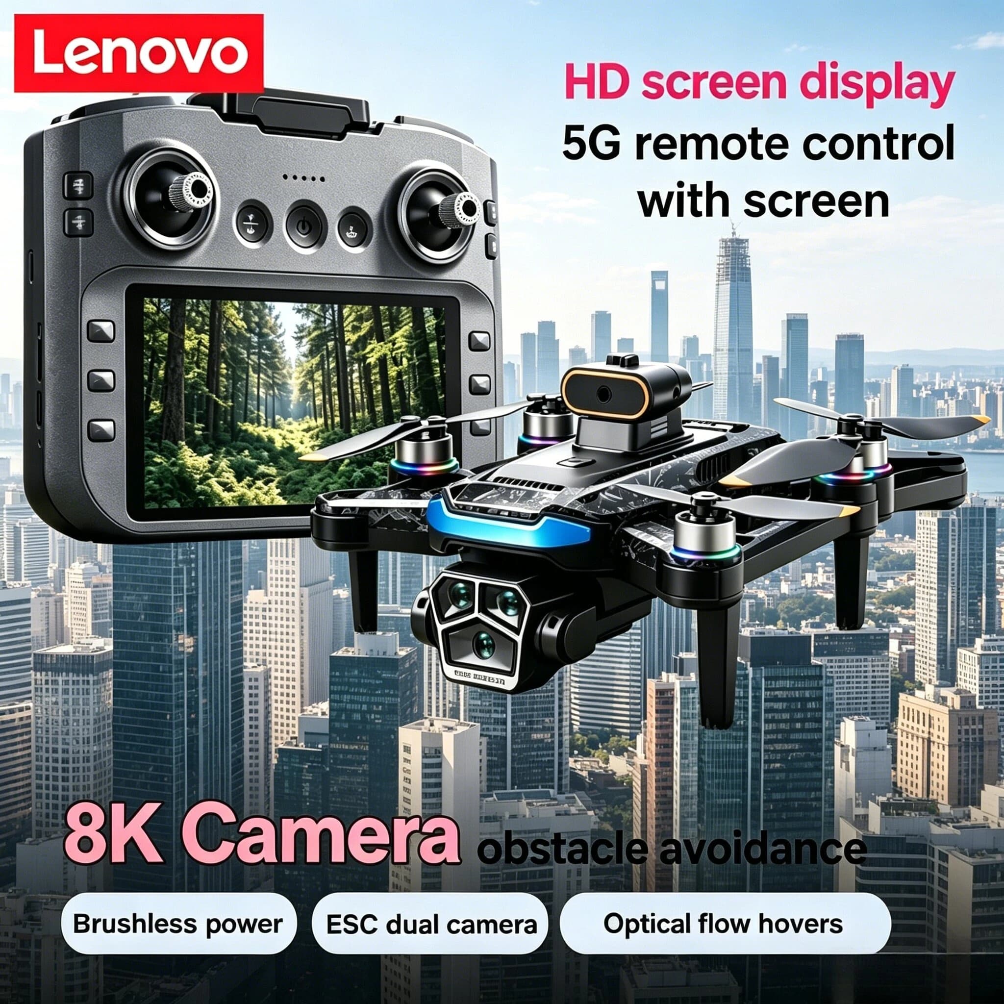 Drone Giocattolo Lenovo Mi A14Pro Max con Evitamento Ostacoli, Flusso Ottico, Tre Fotocamere, GPS Brushless, 8K, Quadricottero RC Pieghevole a Lunga Distanza.