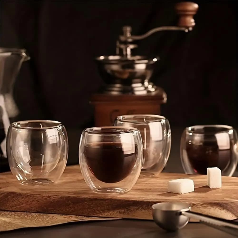 250ml/350ml 6pcs Cappuccino Shot Glasses, Double Wall Insulated Small Demitasse Cups Suit for Espresso Machine, Microwave Safe