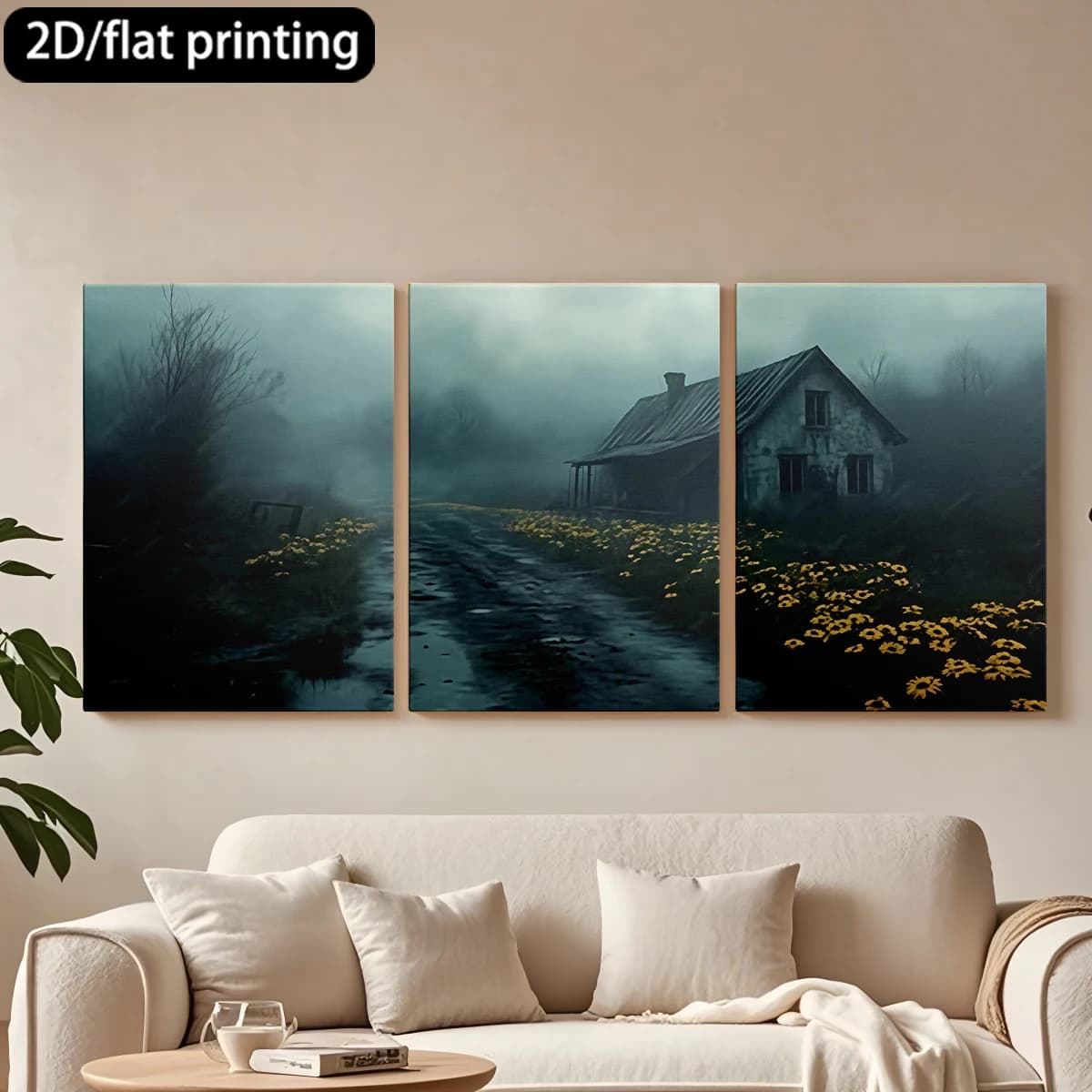 Decorative painting on canvas with wooden frame, 3 pieces. House desolate, fog, yellow flowers. Hall decoration, living room.