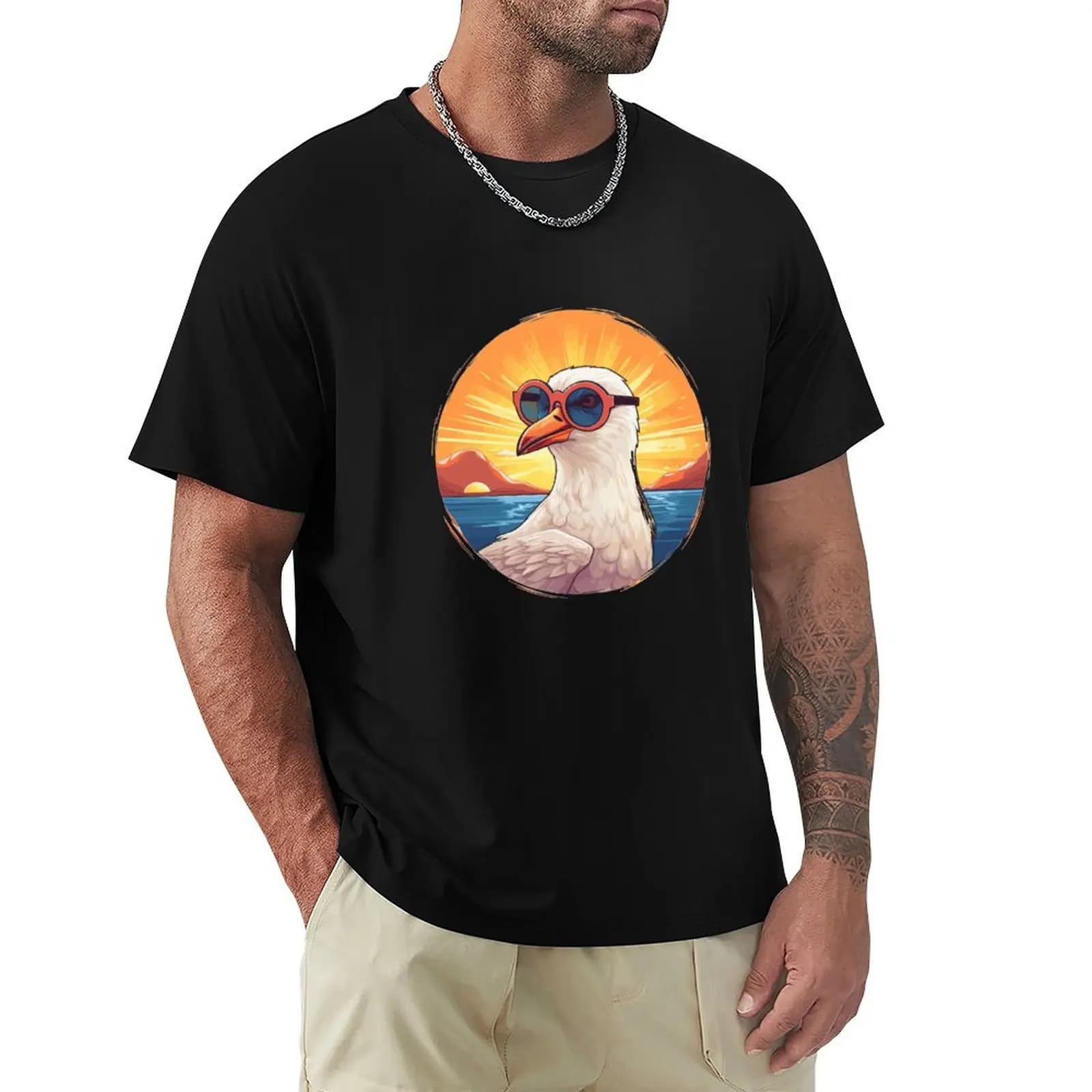 T-shirt estiva, stile spiaggia, con stampa di un gabbiano, in cotone basic anti-restringimento
