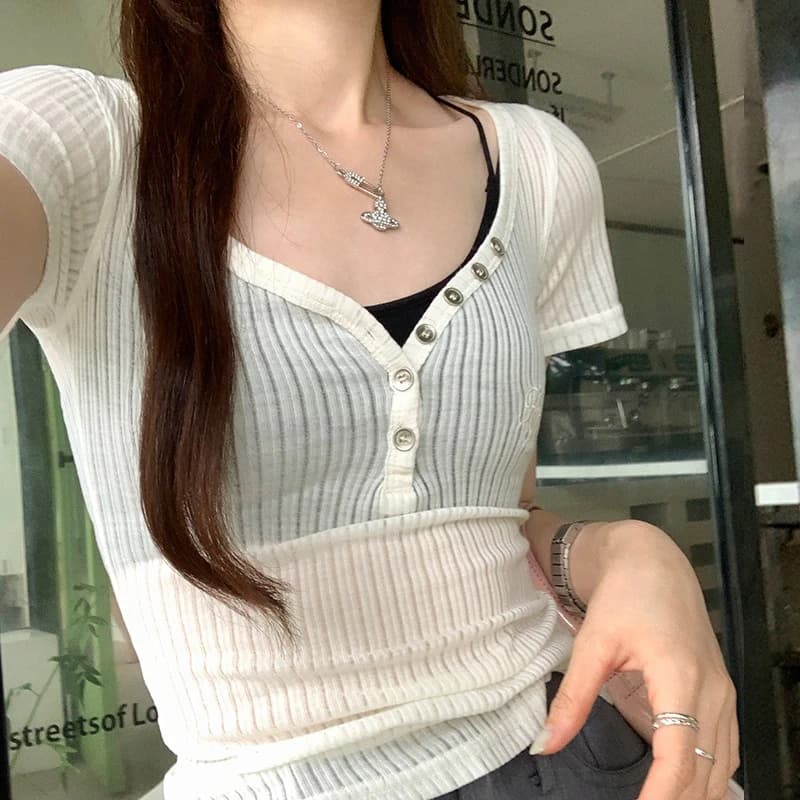 T-shirt Estiva Sottile da Donna 2026 Stile Coreano con Mezza Abbottonatura, Sexy Trasparente a Maniche Corte, Top Coquette Hot Girl Slim Fit