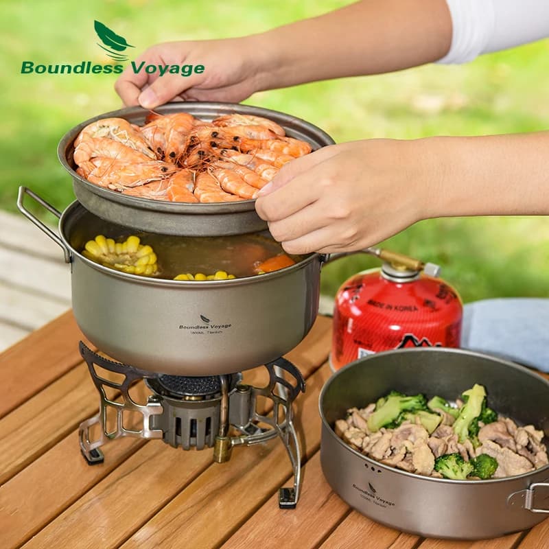 Boundless Voyage Titanium Steam pot with pan Set Ultra-light kitchen pot for outdoors Water table for rice food