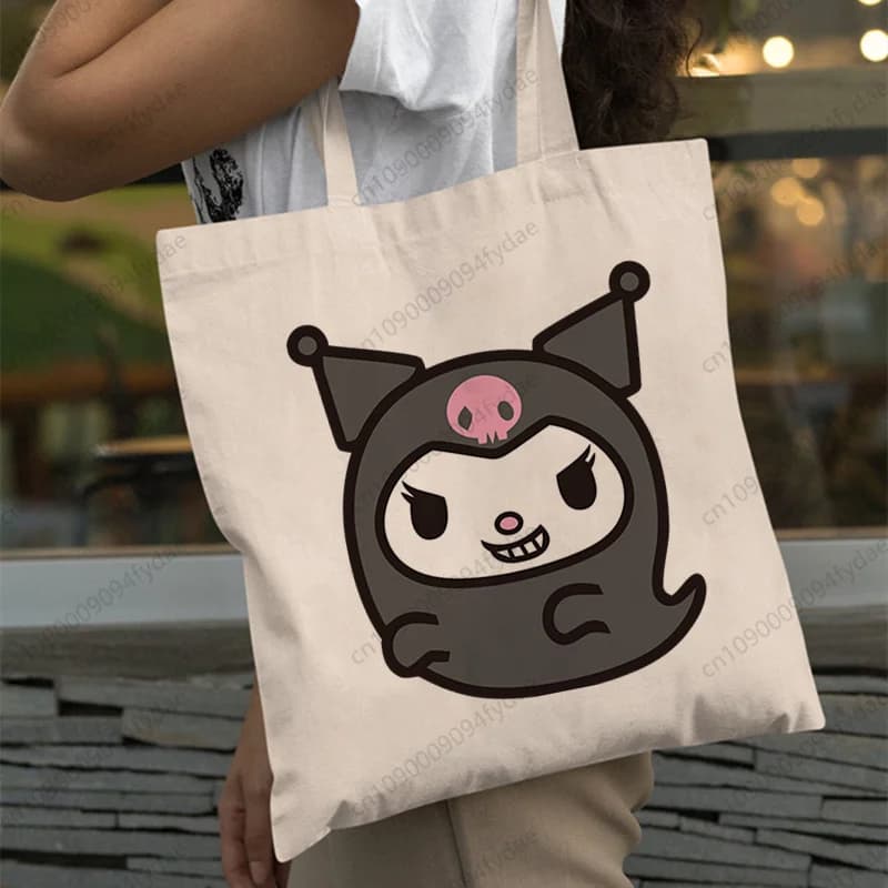 Borsa Tote in Tela Sanrio Kuromi Cool Icon Harajuku Art, Borsa a Spalla Stampata con Cartoni Animati, Borse Personalizzate da Donna