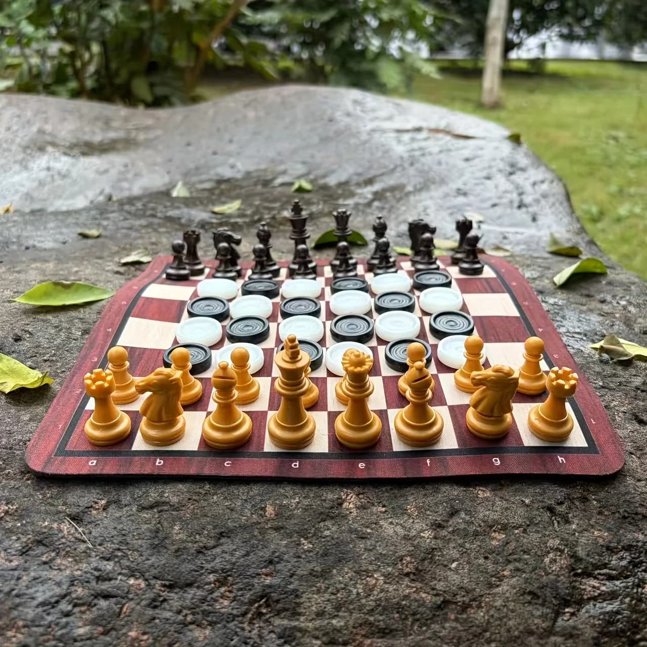 2in 1 54pcs Chess And Checkers Set Includes: 24cm mat 16 Golden And 16 Black Chess Pieces, 12 Black And 12 White Checkers Pieces