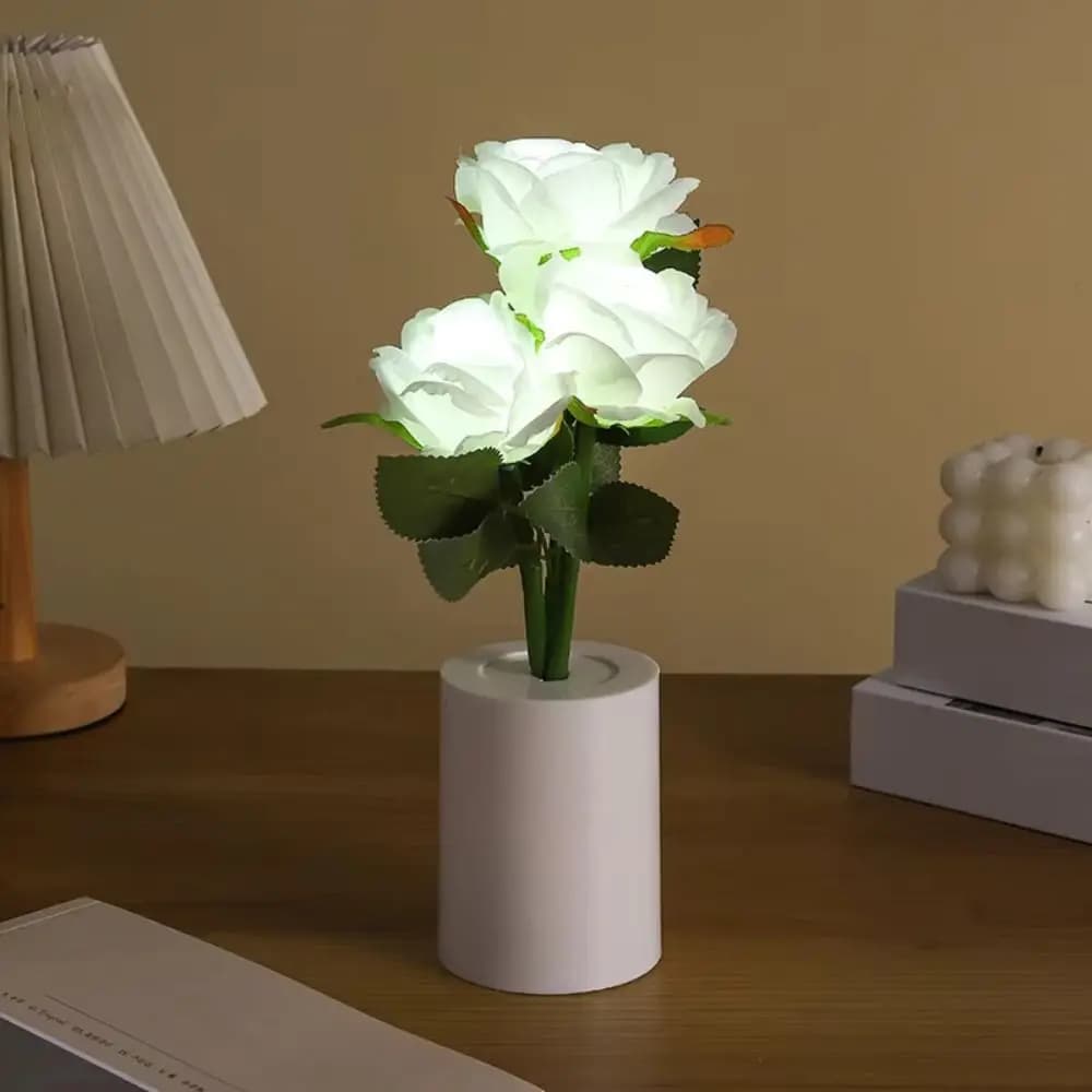 Lampada da Tavolo LED a Forma di Rosa Cinese, Fiore Simulato con 3 Teste, Luce Notturna a Batteria