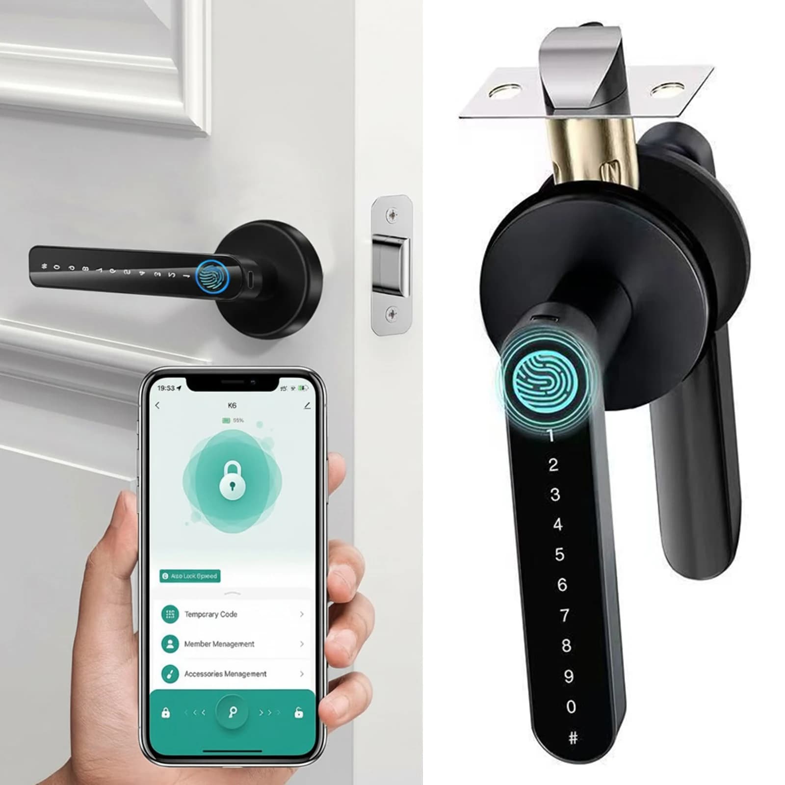 Serratura per Porta con Impronta Digitale e Maniglia, Pomello con Controllo App/Chiave/Tessera IC per Camera da Letto, Casa, Hotel, Ufficio, Appartamento