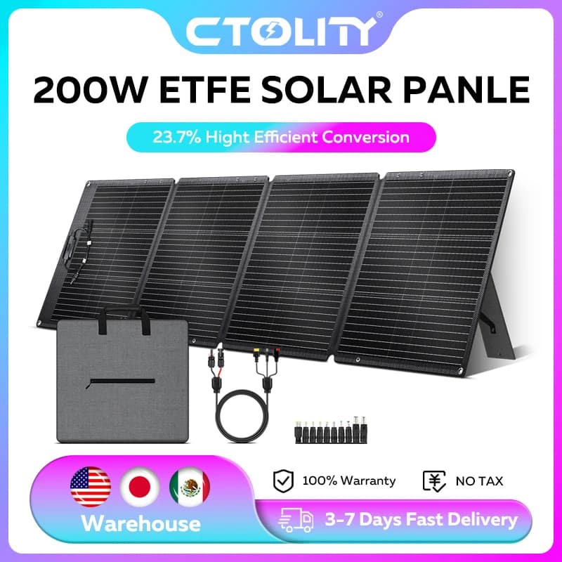 CTOLITY ETFE 200W Foldable Solar Panels 20.5V 23% Efficiency Portable Folding Bag Outdoor Power Supply for Camping Soalr Power