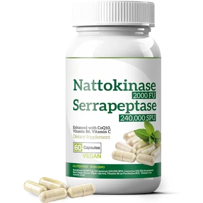 Nattokinase 2000 FU Serrapeptase 240000 SPU Supplement - Coenzyme Q10, vitamin B6, vitamin C black pepper extract capsules