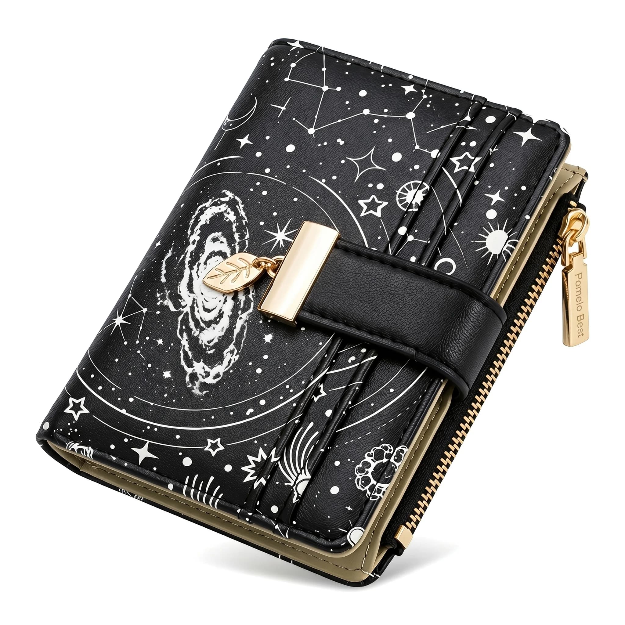Pomelo Best Women Short PU Wallet Galaxy Star Print RFID Blocking 7 Card Slots ID Photo Window Leaf Metal Buckle Small Purse