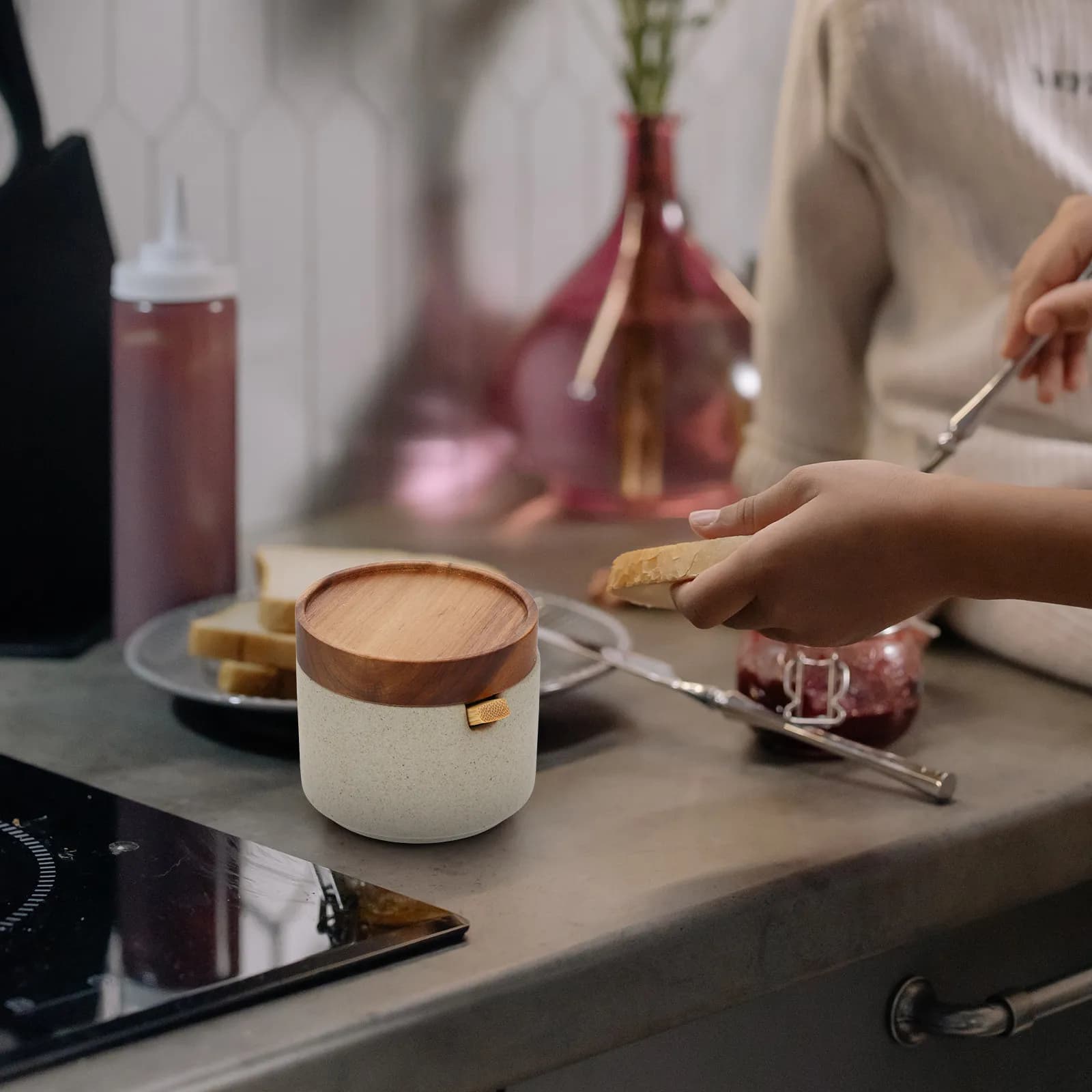 Set di Barattoli per Condimenti in Ceramica e Legno, Semplice Contenitore per Spezie con Coperchio e Cucchiaio, Accessori per Cucina