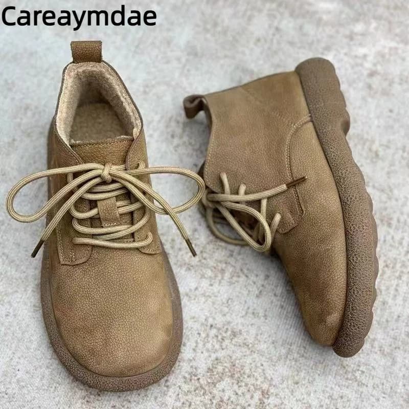Careaymdae-Stivali da donna in vera pelle con punta larga Scarpe alla caviglia Stivali con plateau Peluche Pelliccia calda Stivali piatti da donna stringati invernali