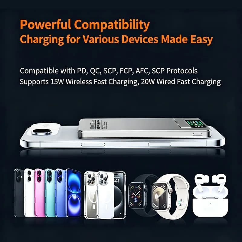 Slim and Portable Aluminum Alloy Magnetic Wireless Charging Power Bank with LED Display Lanyard & Holder for Phones Watches