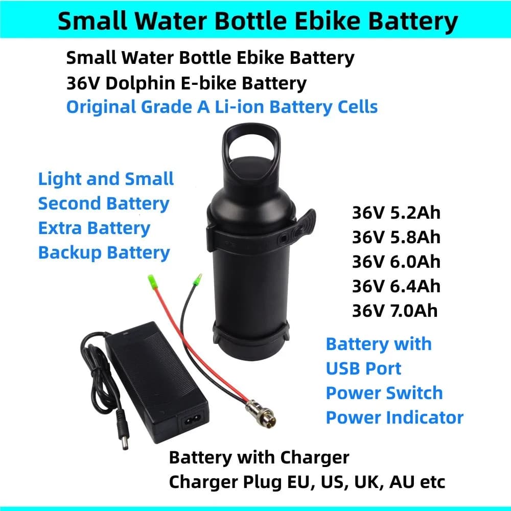36V piccola bottiglia d'acqua delfino batteria Ebike 36V 5Ah 5.2Ah 5.8Ah 6Ah 6.4Ah 7Ah batteria ricaricabile agli ioni di litio E-bike con caricabatterie