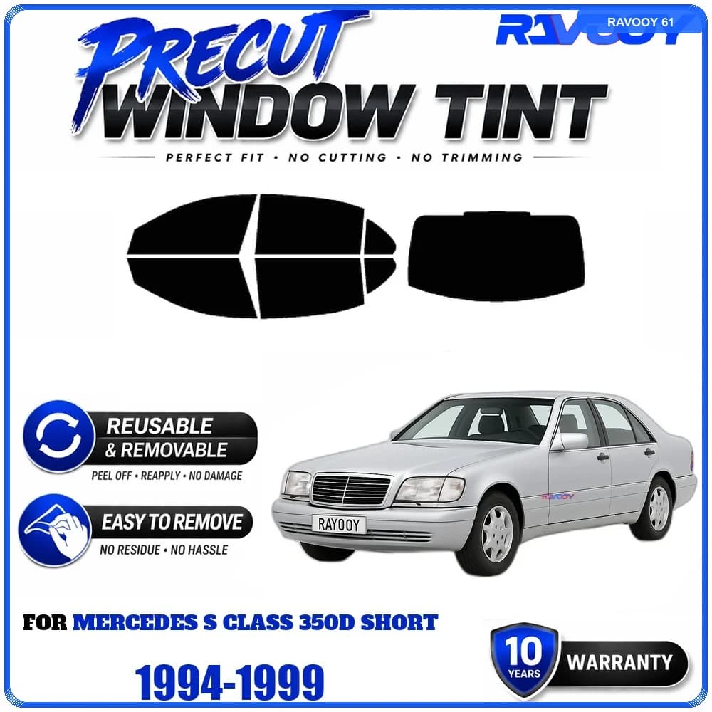RAVOOY Precut Window Tint, Reusable Removable EPU Film, Custom Fit for Mercedes S Class 350D Short 1994-1999, UV Heat Protection