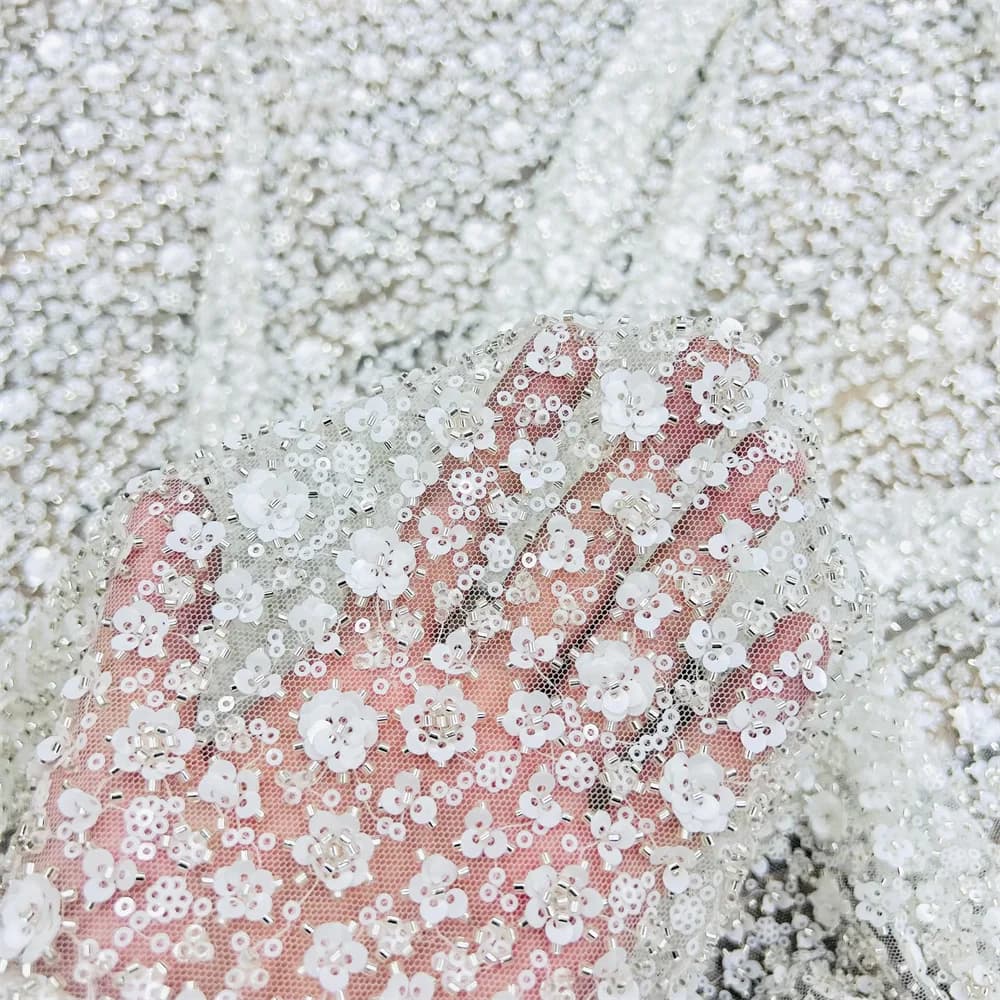 1Yd 150cm Wide Multicolor 3D Heavy-Embellished Beaded Lace Fabric Sequins Floral Appliques for Bridal Veils Wedding Dresses F045