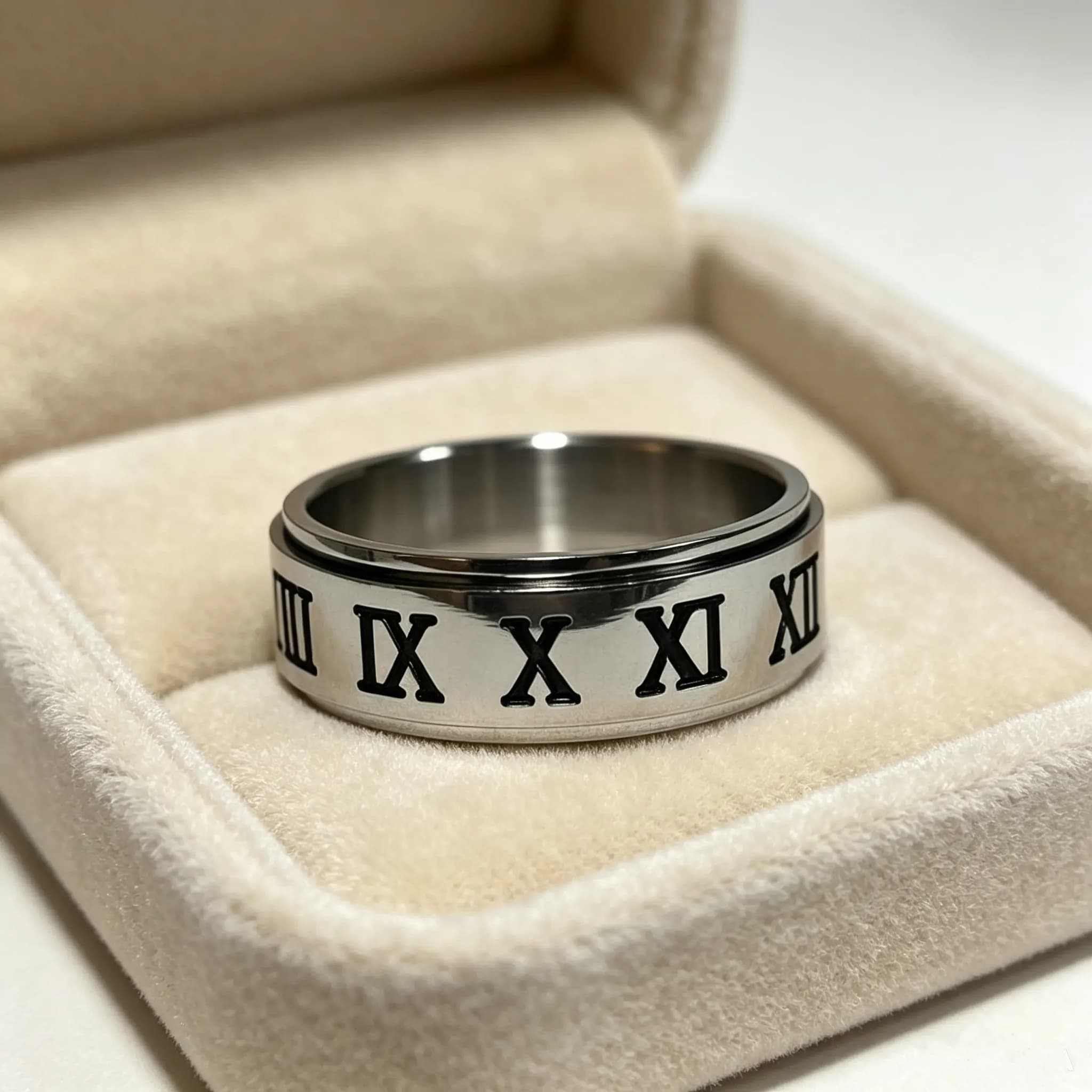 Stainless Steel Rotatable Spinner Ring Roman Numeral Engraved Anti‑Anxiety Fidget Ring Classic Silver Color Stress Relieving Ban