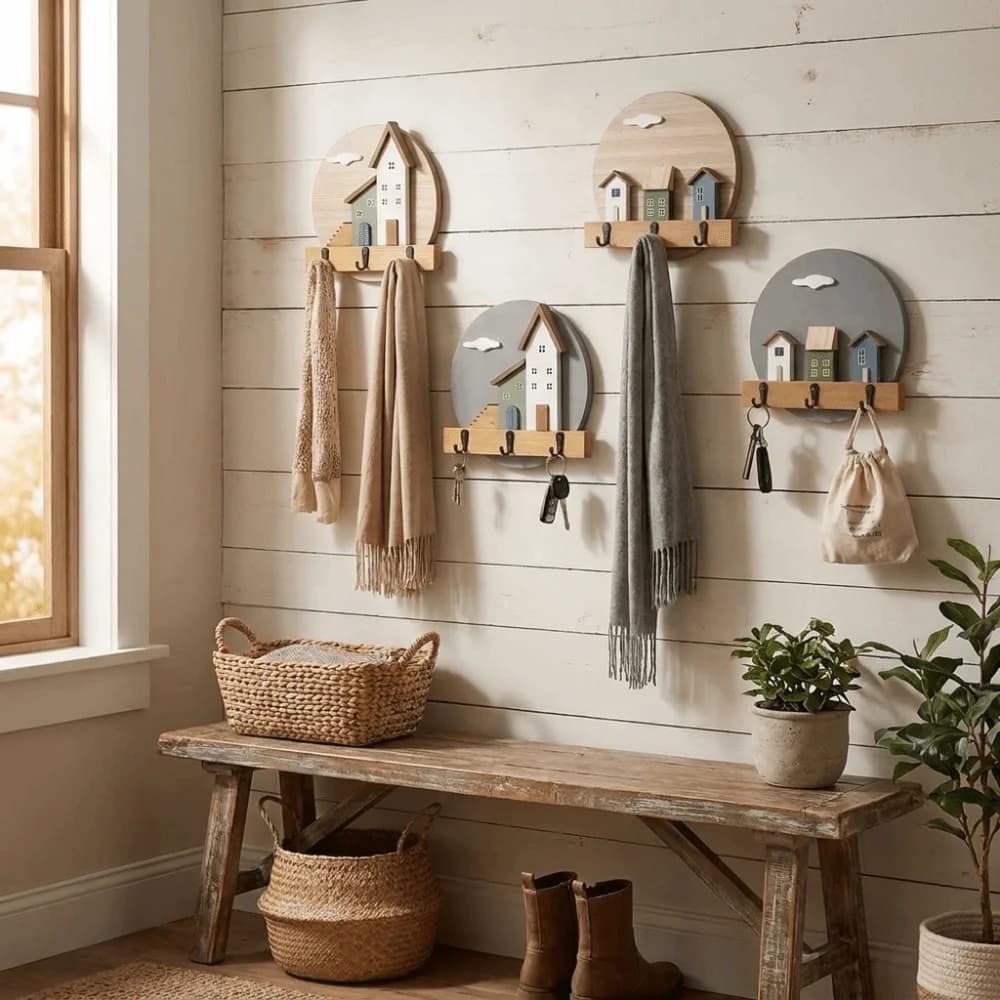 Round Shape Wooden Wall Hook Multi Hook 3D House Entrance Key Rack No Punching Nordic Style Wall Hanging Storage Holder