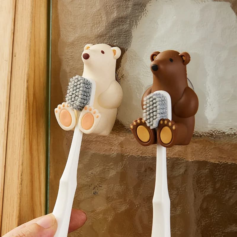 Cute Polar Bear Toothbrush Holder for Bathroom Wall Mount Suction Cup Punch-free Storage Rack Mask Plug Organizer Leather