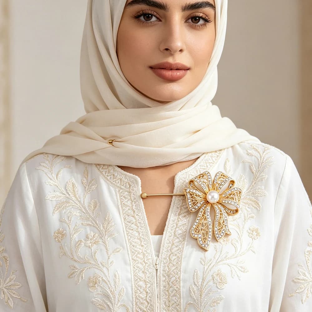 Elegant Hollow Filigree Bow Brooch Rhinestone Imitation Pearl Bow Pin Luxury Brooch For Bridal Wedding Party Abaya Kaftan Scarf