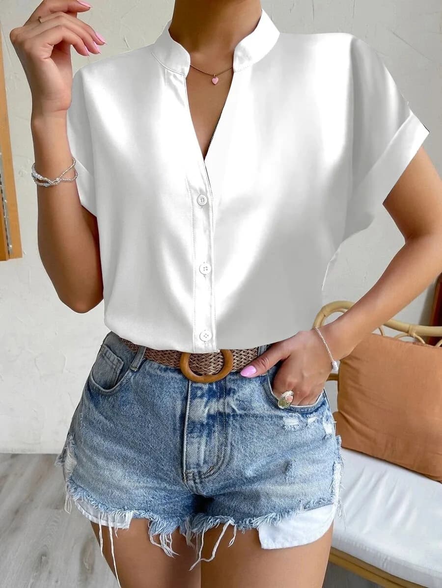 Summer New Pullover With V-neck Sleeves Court Women's Solid Color Shirt Casual Clothing Women 2024 Button Office Lady Shirts And Shirts