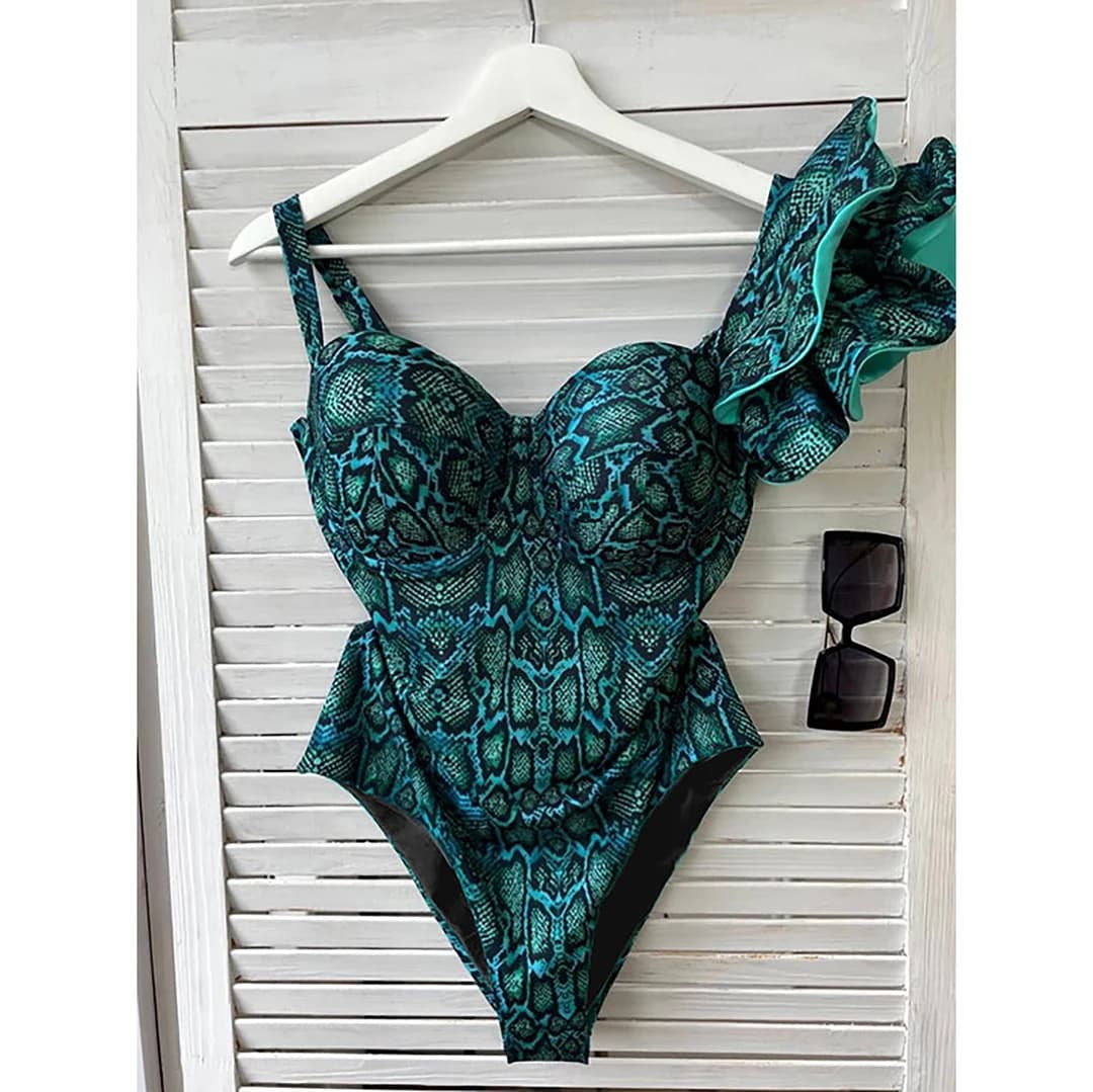 Costume da bagno intero sexy con volant monospalla Costume da bagno con stampa leopardata Costume da bagno donna con scollo a V Costume da bagno Beachwear Monokini femminile