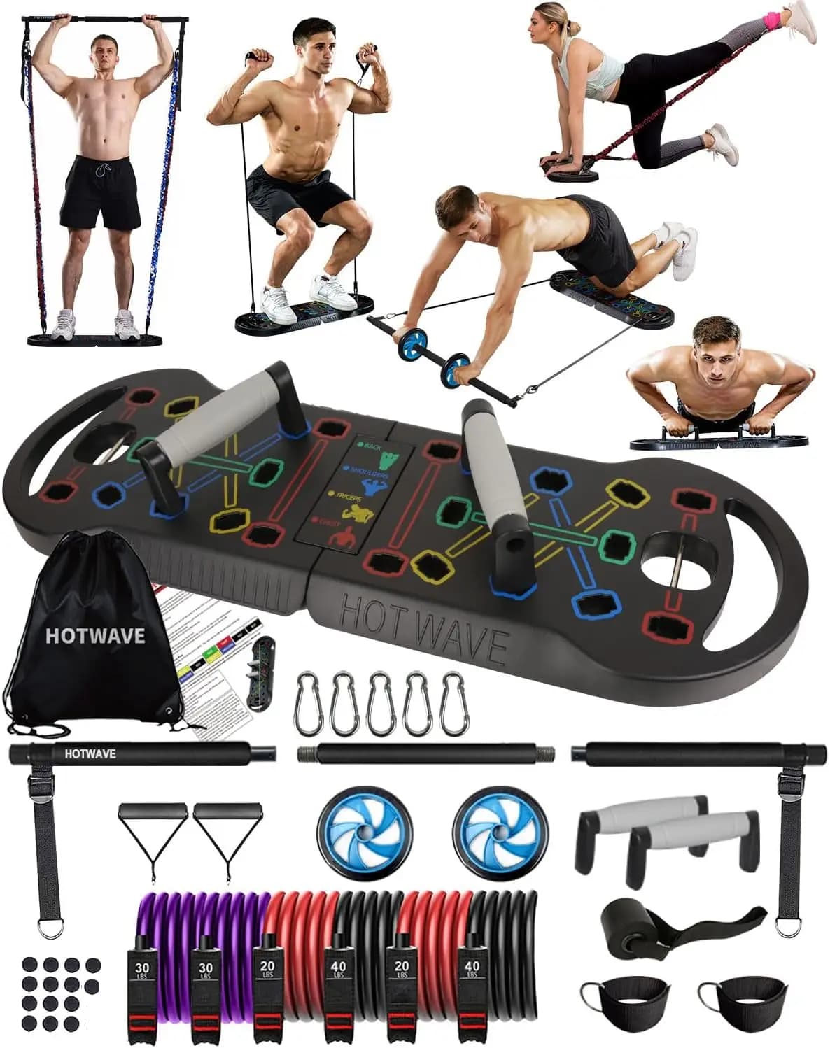 HOTWAVE Portable Exercise Equipment with 16 Gym Accessories,20 in 1 Push Up Board Fitness,Resistance Bands with Ab Roller Wheel,