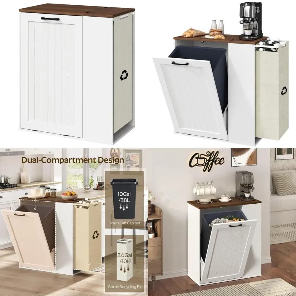 Mobiletto per Rifiuti da 10 Galloni con Riciclo Bottiglie, Contenitore in Legno per Cucina e Soggiorno, Finitura Bianca e Noce