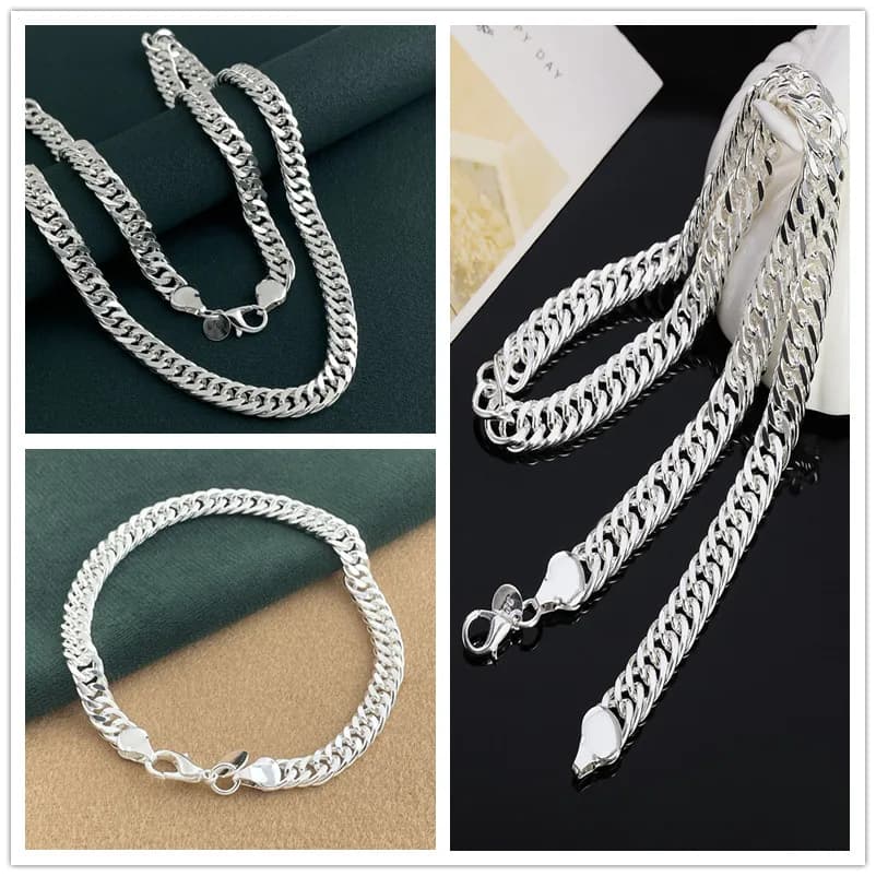 Andara Set di collana e bracciale con doppia chiusura laterale in argento sterling 925 da 6 mm per gioielli da festa per uomini e donne