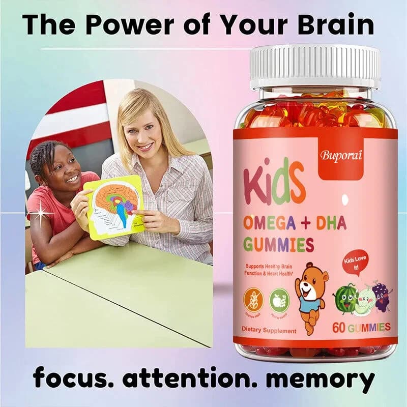 Caramelle gommose per bambini Omega+DHA con vitamina D3 - potenziatore del cervello ad alto QI, migliora la memoria e la concentrazione