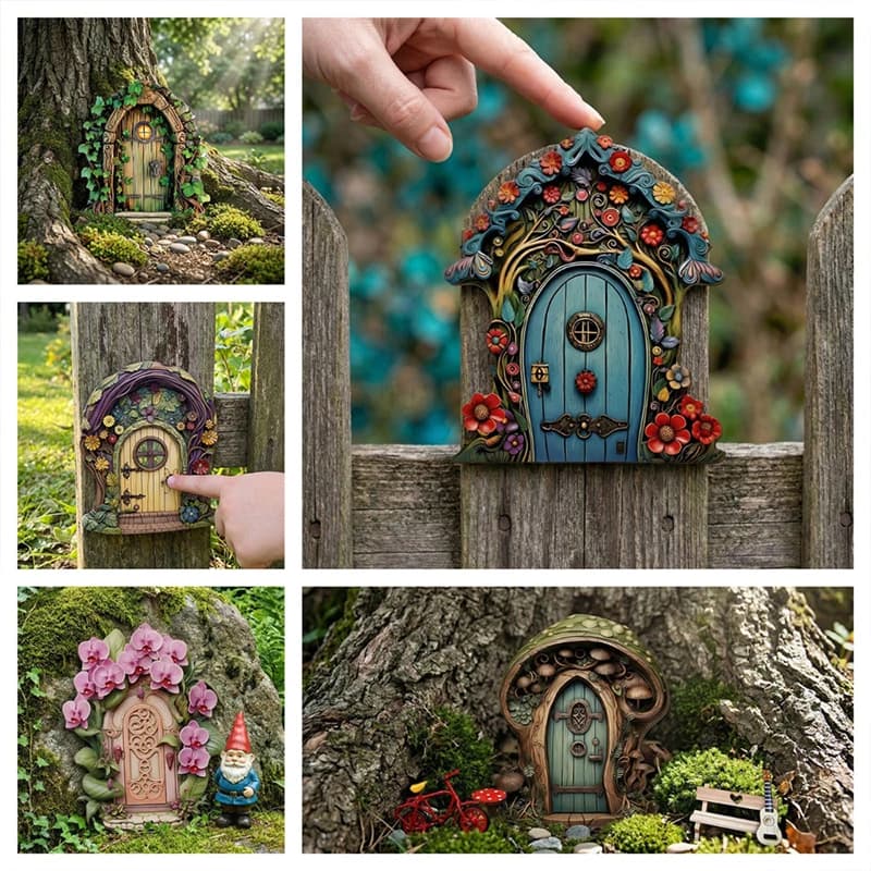 2Pcs Wooden Mini Elf Fairy Doors Micro Landscape Decor Flower Vine Miniature Gate Halloween Ornaments for Plant Pot Scenery