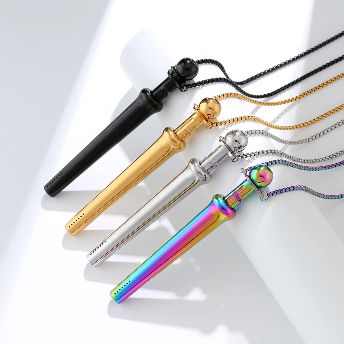 Collana con respiratore rotante a testa tonda – Ciondolo in acciaio inossidabile con tubo retrattile, cannuccia ed estrattore di profumo